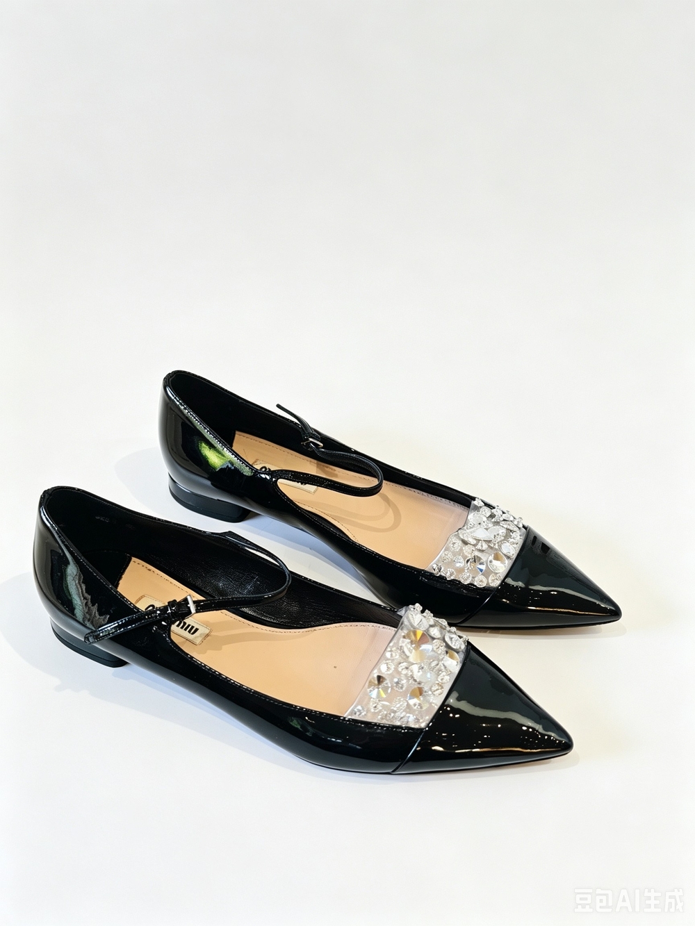 Miu Miu Black Patent Pointed Toe Flats with Crystal Accent
